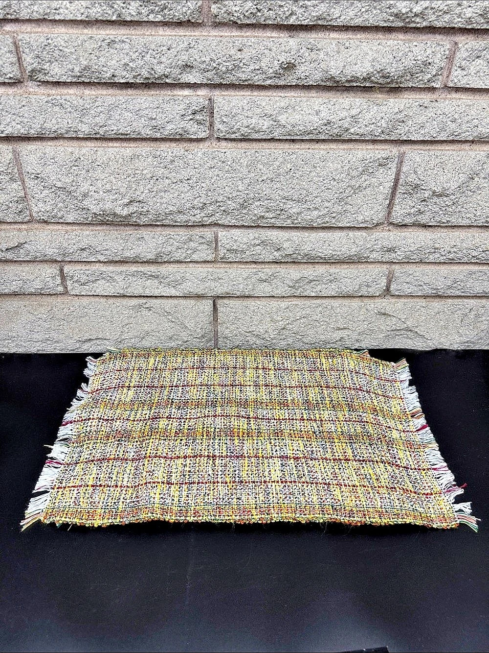 Vintage Handmade Woven Placemats Set of 5 Colorful Plaid Bouclé Fringe 20x14